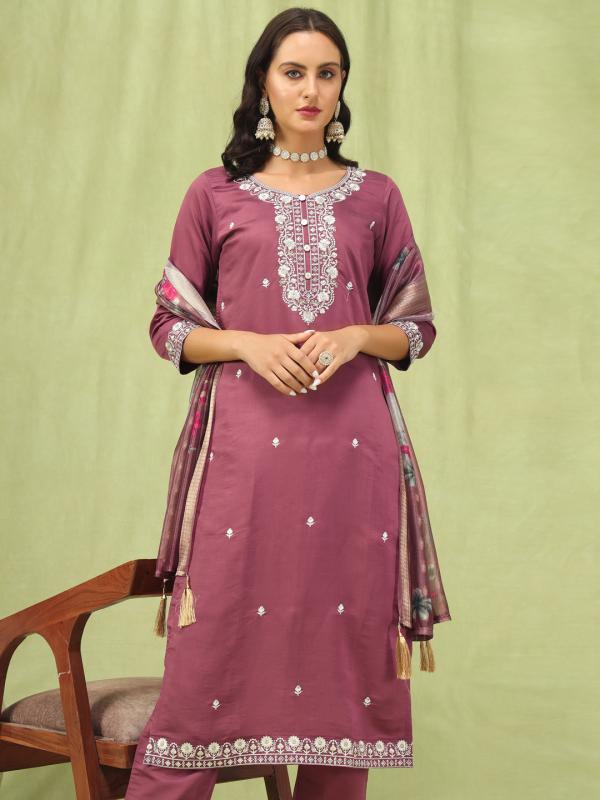 VP 9594 Viscose Roman Silk Embroidery Straight Kurta Pant with Organza Dupatta